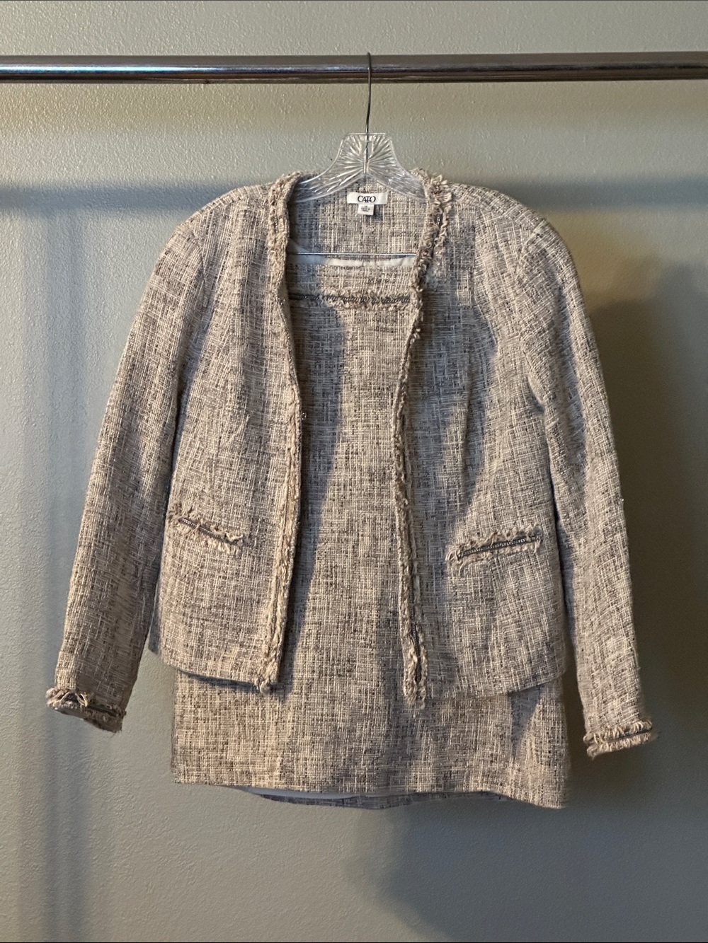 Cato Tweed Fringe-Trim Open Front Blazer in Neutral Beige